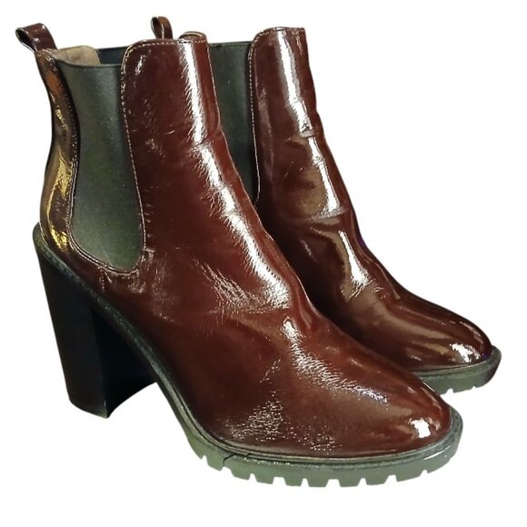 EUC FASHION NOVA Glossy Maroon Leather Lug Sole Platform Heeled Boots - Picture 5 of 16